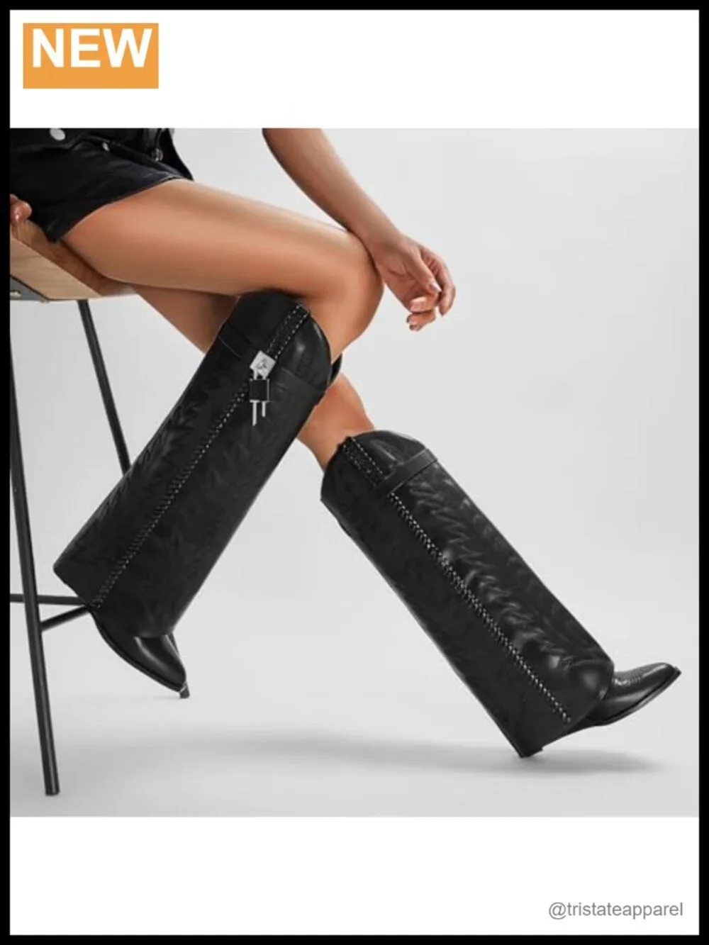 Embroidered Fold Over Knee High Boots, Pointed Toe Wedge Heels, Wide Calf, Pull